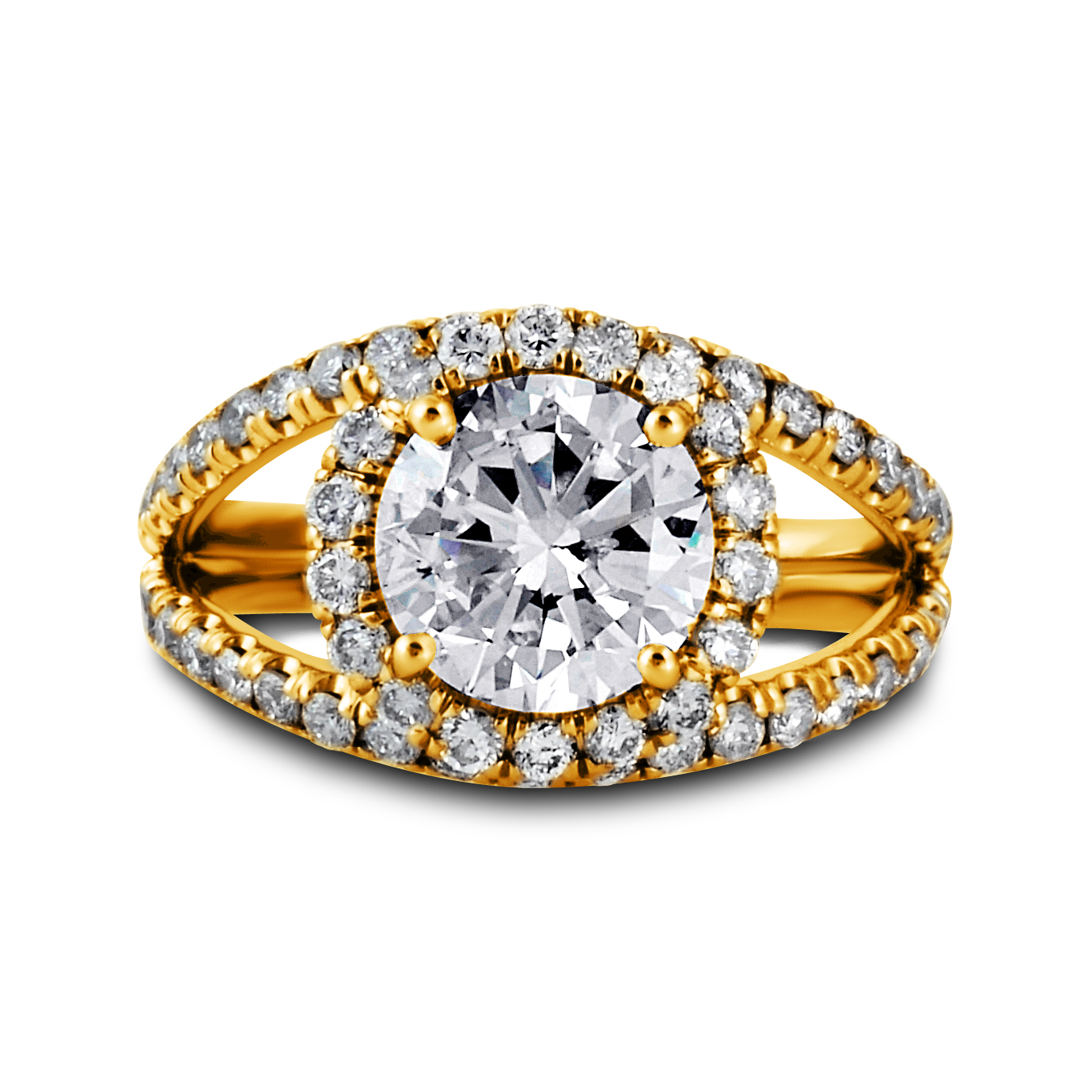 Double Band Diamond Halo Engagement Ring Yellow Gold Los Angeles Jewelry Store 