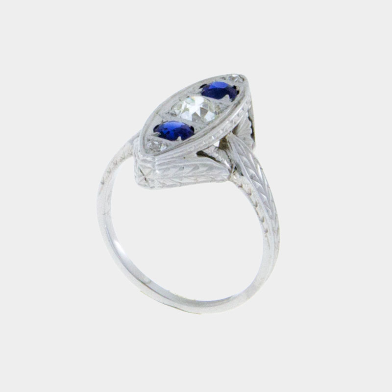 Diamond and Blue Sapphire Vintage Engagement Ring White Gold Old Miners Cut South Bay Gold