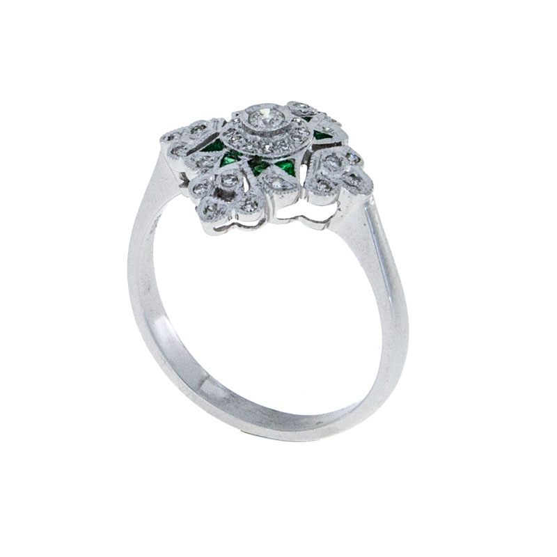 Diamond and Emerald Vintage Engagement Ring - South Bay Gold